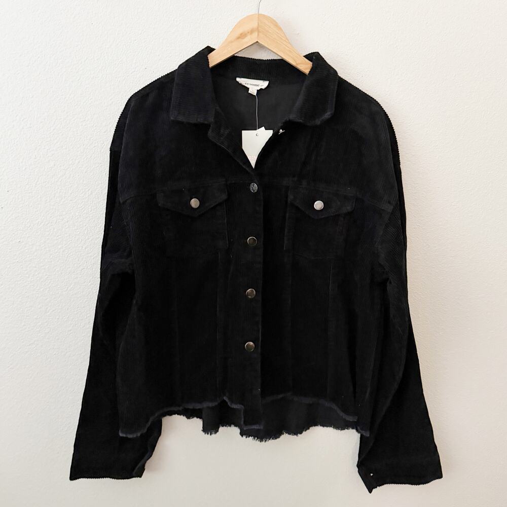 EE:SOME | Black Corduroy Cropped Trucker Jacket Raw Hem Oversized | Large - Picture 2 of 8